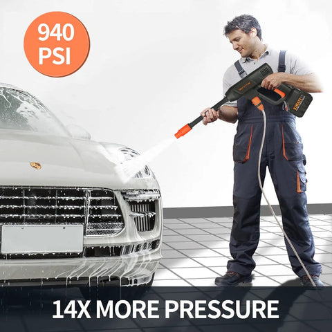 Person using Cordless Pressure Washer 940 PSI Portable Heavy Duty Power Cleaner With Six In One Adjustable Nozzle And 21V 4.0Ah Battery on car