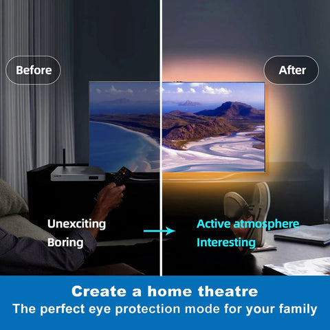 Split image showing TV before and after using 32.8Ft RGB LED Strip Lights With Music Sync App Or Remote Control Millions Of Colors.