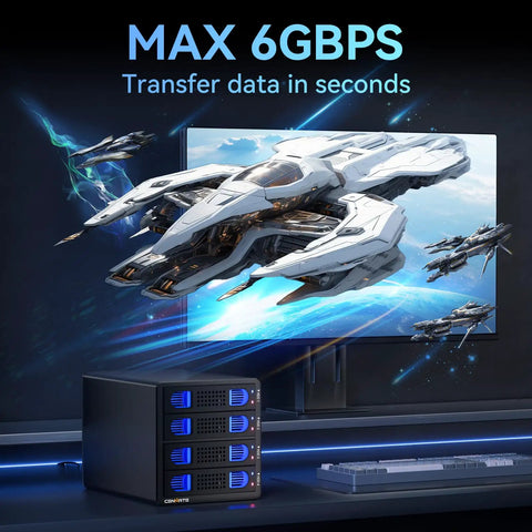 Super Solid Four Bay Hard Drive Enclosure With Built In Cooling Fan For 2.5 And 3.5 Inch Sata Ssd Or Hdd, showcasing 6Gbps data transfer speed.