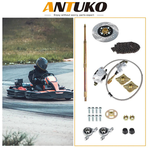 Bulletproof Rear Axle Assembly Kit For Go Kart And ATV Features Beefed Up Shafts Four Hole Wheel Hub Complete 37 Tooth Sprocket Chain Setup And Quick Fit Disc Brake Master Cylinder with components displayed.
