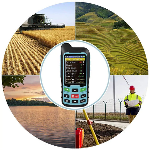 Handheld GPS GNSS Receiver for Land Surveying and Irregular Area Measurement with 2.4-inch display, shown in diverse terrains.