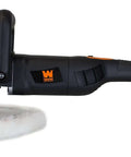 Side view of Heavy Duty Pro Grade 7 Inch Variable Speed Polisher with Digital Readout, wool bonnet attached, handle visible.