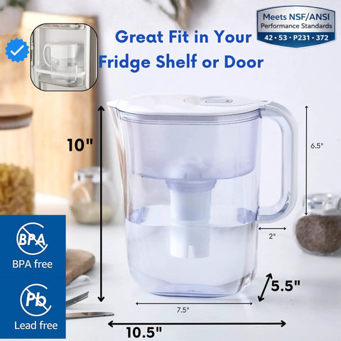 10 Cup Water Filter Pitcher With Dual Ultrafiltration And Carbon Filters, clear pitcher with dimensions on kitchen counter.