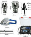 7 Piece PVC Pipe Threading Tool Set For One Half Inch And Three Quarter Inch Pipes With Internal And External Thread Cutters, Drill Compatible shown with components in case