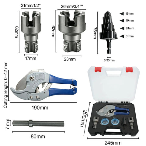 7 Piece PVC Pipe Threading Tool Set For One Half Inch And Three Quarter Inch Pipes With Internal And External Thread Cutters, Drill Compatible shown with components in case