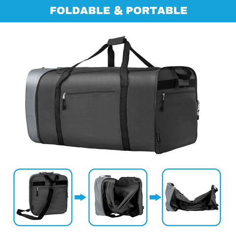 Foldable rolling duffel bag, 100L, gray fabric with black straps, 2 wheels and shoulder strap