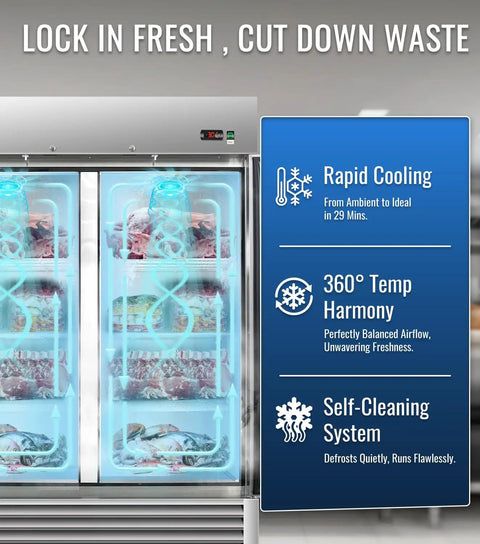 Top Notch Commercial Reach In Freezer Made From Solid Stainless Steel With A Roomy 49.6 Cubic Foot Hold And Sure Fire Digital Thermostat Controls Minus 10 To Plus 10 Degrees Plus Hassle Free Defrost For Busy Bars Restaurants And Shops with rapid cooling features and self-cleaning system.