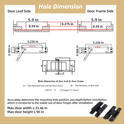 Diagram showing dimensions for installing Hidden Door Hinge Set Two Pack 6 Inch Concealed Butt Hinges With 180 Degree Matte Black Swing And 3 Way Adjustable Zinc Alloy Construction For Heavy Duty Installations Tough As Nails Built To Last Riyhch on door frame.