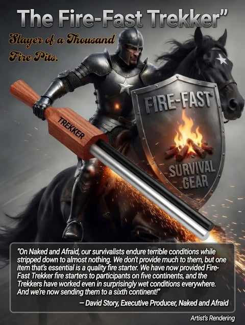 All Weather Survival Fire Starter With Magnesium Ferro Rod And Euro Ferrocerium, sword-wielding knight backdrop