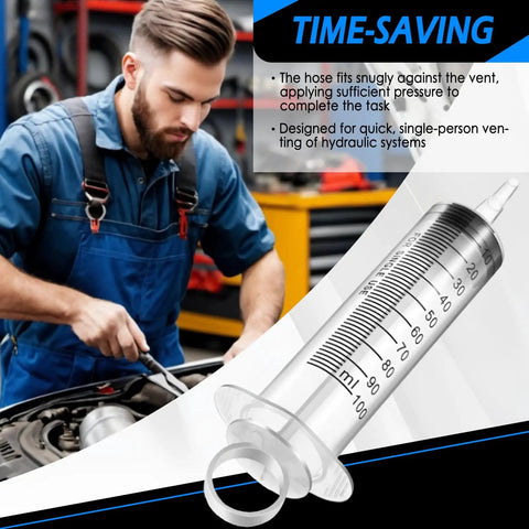 Mechanic using One Way Brake Bleeder Kit With 100ml Syringe And 50cm Hose For Cars And Motorcycles in a garage workshop