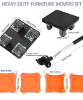 Heavy Duty Furniture Sliders With Four Wheels And 360 Degree Rotating Mover Set for Moving Sofa Bed Table and Other Big Furniture Maximum Load 1100 Lbs Non Slip Easy Glide Dolly showing components and dimensions.