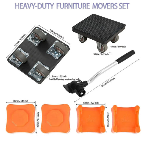 Heavy Duty Furniture Sliders With Four Wheels And 360 Degree Rotating Mover Set for Moving Sofa Bed Table and Other Big Furniture Maximum Load 1100 Lbs Non Slip Easy Glide Dolly showing components and dimensions.