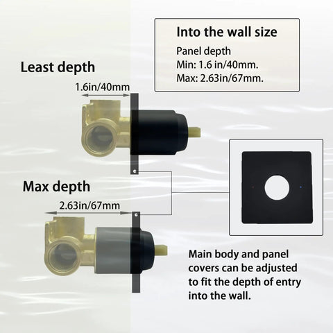 Matte Black Square Shower Valve Kit With Rough In Valve, Single Function Shower Faucet Mixer depth dimensions illustration