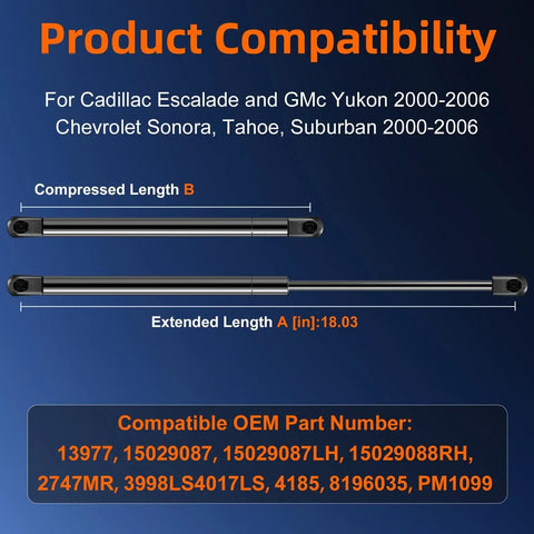 Product compatibility chart for Rear Window Lift Support Gas Shock Strut 18 Inch 160N Direct Replacement.