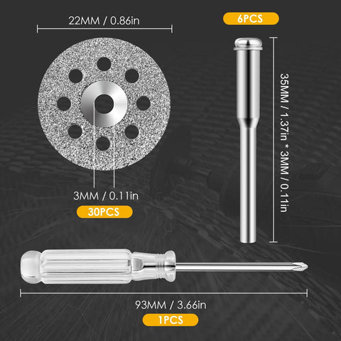 Dope 30 Piece Diamond Cutting Wheel Kit for Rotary Tools With 6 Mandrels and Screwdriver, showing disc size and components