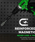 13 Piece Magnetic Tap Socket Set With 1/4 and 3/8 Inch Drive in use with drill, highlighting reinforced magnetic feature
