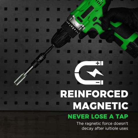 13 Piece Magnetic Tap Socket Set With 1/4 and 3/8 Inch Drive in use with drill, highlighting reinforced magnetic feature