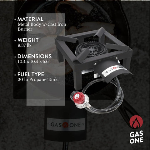 High Pressure Propane Burner For Outdoor Cooking With Heat Shield And Guard, metal body with cast iron burner, gas hose attached
