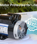 Built Tough 1.5HP Dual Speed Spa Pump Featuring Slick 48 Frame Motor Design, showing motor with label and warranty.