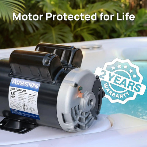 Built Tough 1.5HP Dual Speed Spa Pump Featuring Slick 48 Frame Motor Design, showing motor with label and warranty.