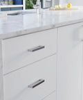Stainless Steel Modern Square Cabinet Pulls With Five And One Sixteenth Inch Hole Center on white kitchen drawers