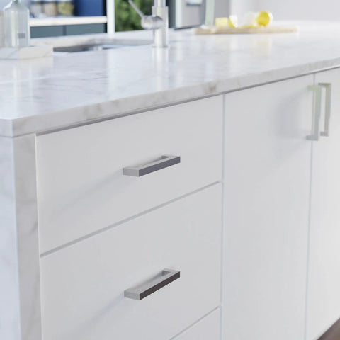 Stainless Steel Modern Square Cabinet Pulls With Five And One Sixteenth Inch Hole Center on white kitchen drawers