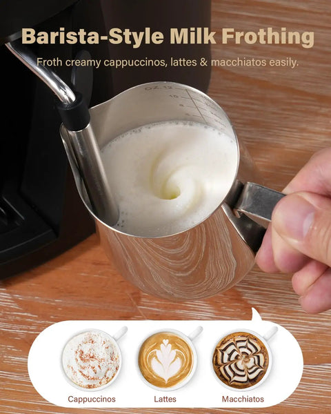Close-up of milk frothing with Compact 4 Cup Espresso Maker With Milk Frother For Cappuccino And Latte Fast 800W Heating System