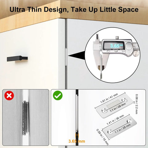 Ultra Thin Magnetic Cabinet Latch Set 12 Pack With Strong Adhesive And 10 Lbs Hold for cabinets measured at 3.65 mm thickness
