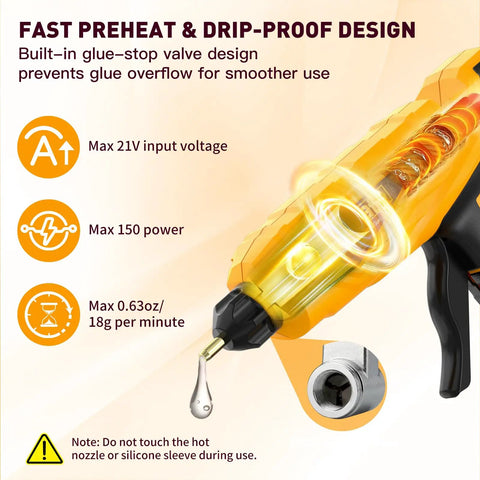 Cordless 150W Hot Glue Gun Kit With Drip Free Quick Heat, LED Display, and 21V Battery features and specifications