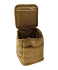 Khaki Heavy Duty Outdoor Camping Storage Bag with open lid showing compartments, Portable Polyester Organizer For Gas Stoves Pots And Gear.
