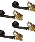Endless Ratchet Straps 2 Inch Wide by 20 Foot Long Hookless 4 Pack Black, laid out in a group, polyester webbing visible