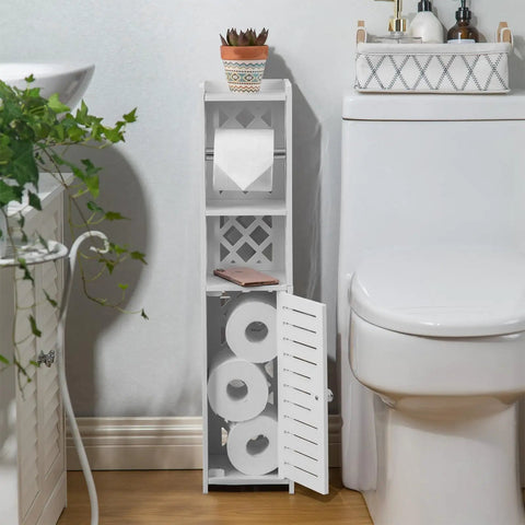 Slim Toilet Paper Holder Stand With Built In Storage Cabinet For Small Bathrooms, next to toilet, showing open cabinet with rolls.