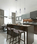 Modern kitchen with 2 pack integrated LED pendant lights with bubble glass and chrome finish, 3000K warm light.