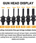 No Nonsense Heavy Duty Pneumatic Rivet Nut Pliers Set With M3 To M12 Tips display of interchangeable gun heads for versatile use.