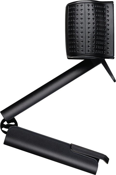 Hella Crisp 1080P HD Webcam side view showing the black housing and adjustable clamp for secure placement.