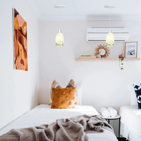 Kiven Instant Light Conversion Kit for 4/5/6inch Hole, 2-Light Glass Farmhouse Lighting pendant lights in a bedroom setting.