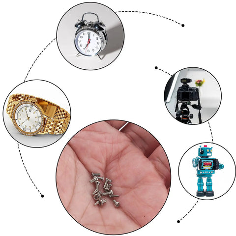 Close-up of 800 Piece Tiny Screws Kit For Electronics And Gadgets Micro Pan Head Machine Screws for repairing eyeglasses, watches, clocks, and gadgets.