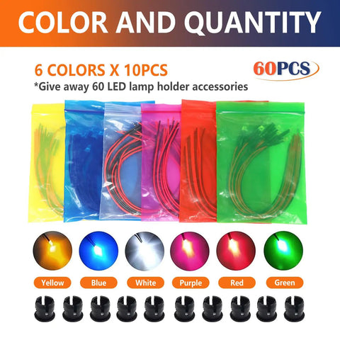 Dope 60 Pack 12V Prewired LED Lights With Holders No Soldering Needed 6 Colors X 10 Pieces Each Low Power Micro LEDs displayed