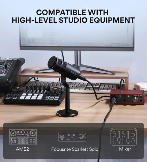 XLR Dynamic Podcast Microphone With Cardioid Pickup, Built In Double Layer Pop Filter on a desk with studio equipment