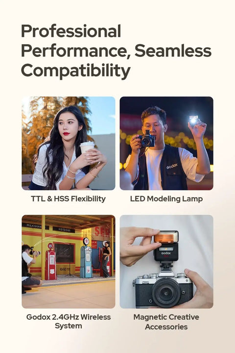 Graphic showing iT32 TTL Camera Flash With X5S Wireless Trigger For Sony Pro Photogs And Vloggers features, including LED modeling lamp.