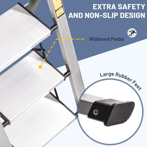 4 Step Aluminum Folding Ladder With Retractable Handgrip Lightweight Yet Sturdy For Reaching High Shelves 330 Pound Capacity close-up of non-slip steps and rubber feet
