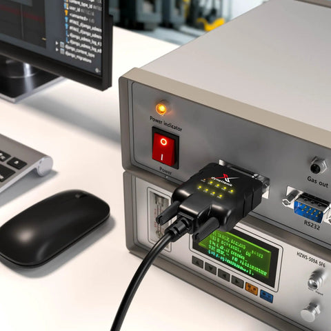 DeStatix A9 FTDI USB to RS232 Adapter With 9 Status LEDs connected to industrial equipment showing active indicators