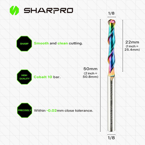 Side view of SHARPRO 1/8 ball-nose CNC router bit with 1/8 in shank, rainbow-coated carbide for wood and aluminum