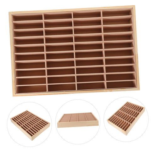 Slick Multi Grid Jewelry Tray Wooden Desktop Organizer Phone Stand For Rings Earrings And Bracelets Elegant Catch All Station top view of organizer with multiple compartments.