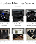 Garifon black suede headliner fabric, 96 by 60 inches, foam-backed automotive headliner; collage of six car interior and decor uses.