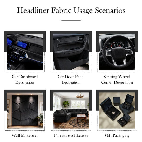 Garifon black suede headliner fabric, 96 by 60 inches, foam-backed automotive headliner; collage of six car interior and decor uses.