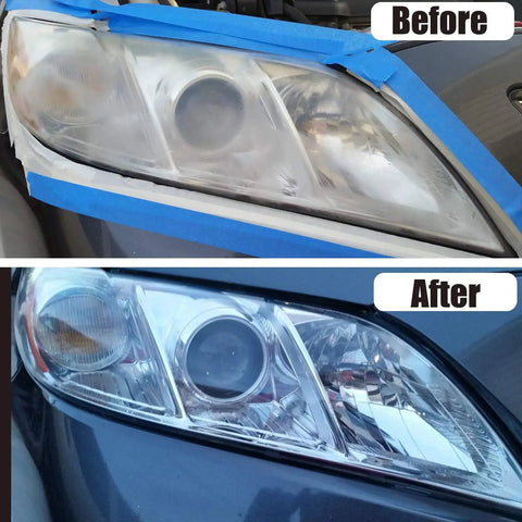 Before and after image of headlight restored using Pro Grade 320 Piece 3 Inch Sanding Discs Kit With 16 Grits Hook And Loop Backer Plates.