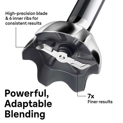 Close-up of Professional Hand Blender With Turbo Boost And Powerbell Plus Tech blade, showcasing high-precision design for blending.