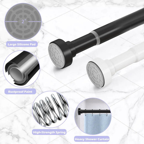 Heavy Duty Adjustable Tension Shower Curtain Rod 18 to 49 Inches No Drill No Slip Easy Install Matte Black Finish Details