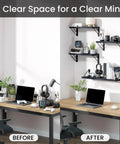 Straight Up Sleek Wall Mounted Floating Shelves In Matte Black Solid Set Of Four above a tidy desk with organized accessories.